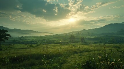 Obraz premium Vast field with wildflowers, rolling hills, and a mountain range under a blue sky with scattered clouds.