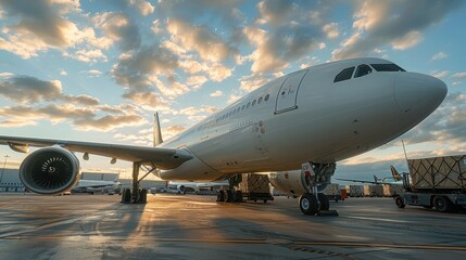 Obraz premium A white airplane with cargo on the tarmac is ready for travel. 