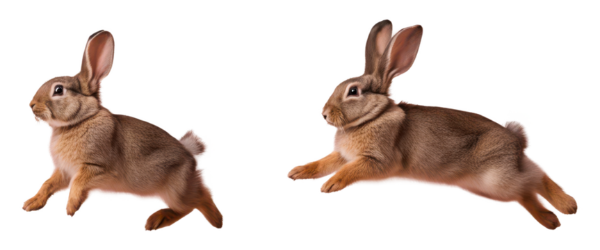 Two brown rabbits jumping isolate on transparent background, cutout, png
