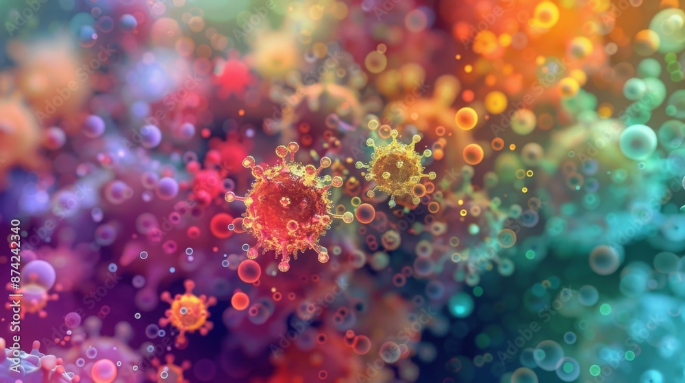 Leinwandbilder a colorful, abstract image depicting a close-up of virus particles in motion. the particles are rend