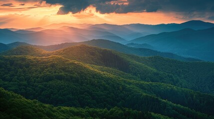 Fototapeta premium A peaceful mountain range with gently rolling hills and dense forests, under a dramatic sunset.