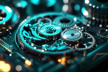 Elegant Digital Technology Background with Teal Gears and Cogs on metallic paint, Perfect for Modern Industrial Solutions 32k, full ultra hd, high resolution
