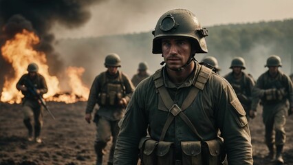 Fototapeta premium Soldiers in battlefield uniforms Wear a bulletproof helmet. There is mud and dust on the clothes. Serving on the battlefield There is smoke and fire from the explosion in the background.