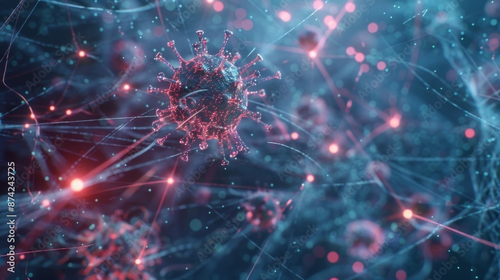 Fototapete a digital illustration of a coronavirus with a network of red lines and lights extending from its su