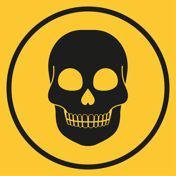 recommend clip art: minimalist skull death symbol. dangerous place, radioactive place. restricted entry, risk area, nuclear weapon, danger zone. black and yellow logo, vector pictogram