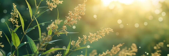 Calming Nature Scene with Sunlit Bokeh and Natural Foliage in Soft Morning Light