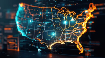 Obraz premium Dynamic map of major US cities with illuminated IoT symbols and data streams, showcasing real-time data integration and smart city technologies