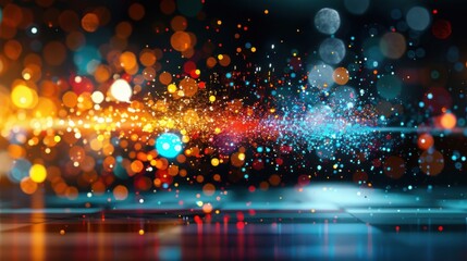 A captivating scene of bright neon particles in motion, set against a dark backdrop, evoking a sense of excitement and vitality. Ideal for modern, tech-focused designs