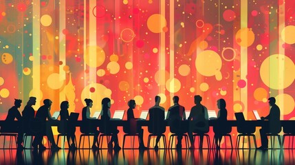 Silhouettes of a diverse group of professionals engaged in a collaborative team meeting, set against a vibrant, abstract background. 