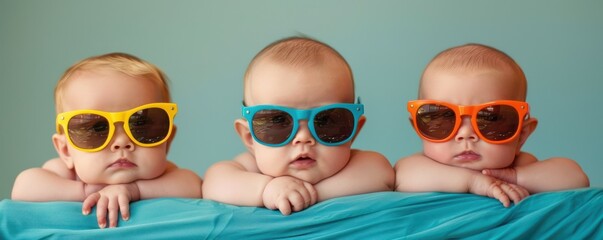Three babies wearing colorful sunglasses, funny and adorable studio portrait.