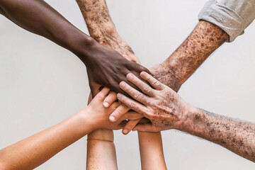 Fototapeta premium hands of different skin tones joined together in a symbol of unity, hands holding hands