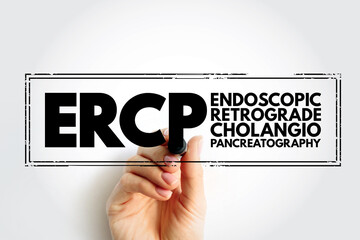ERCP Endoscopic Retrograde CholangioPancreatography - procedure to diagnose and treat problems in the liver, gallbladder, bile ducts, and pancreas, acronym text concept stamp