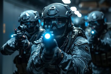 Close-up portrait of masked swat team during operation