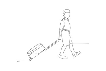 Boy student carrying school bag. School kids concept one-line drawing