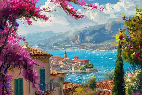 picturesque coastal town landscape with colorful azalea flowers in full bloom french riviera scenery digital painting
