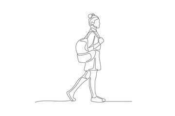 Female student walking to school. School kids concept one-line drawing