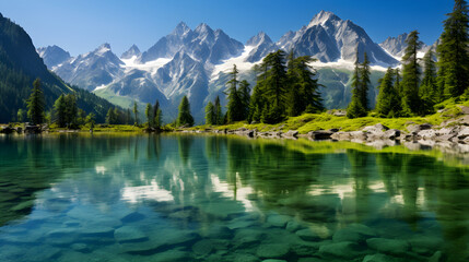 Fototapeta premium Spectacular Panorama of Untouched Wilderness: Lake, Foliage, and Snow-Capped Mountains