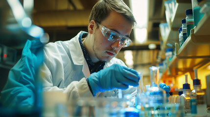 A scientist in the lab studies a blue substance, pushing medical breakthroughs in pharmaceuticals and advancing biotechnology in healthcare. Science and chemistry converge in pursuit of innovation