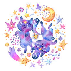 Space watercolor illustration with lovely cosmic cats and stars, constellation, moon. Hand-drawn. Isolated on white background for printing and decoration.
