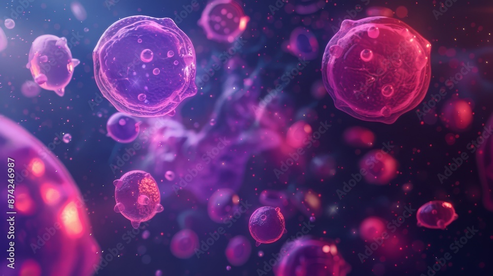 Fototapete purple and pink cells of varying sizes and shapes float in a dark blue fluid with flecks of light.