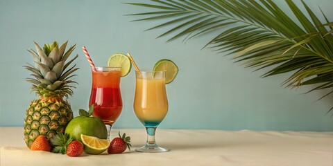Tropical Fruit Cocktails with various fruits and coconut leaf in the background