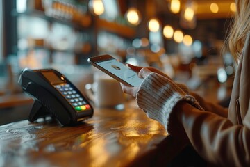 Woman making contactless payment with smartphone at cafe