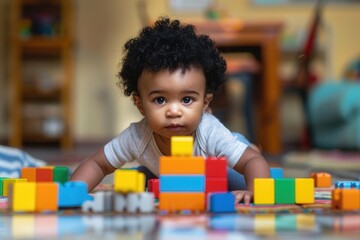 playful learning lifestyle photo of young african american toddler playing with colorful wooden block toys child development
