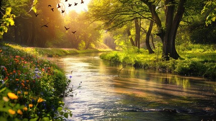 A peaceful river meandering through a sunlit glade, with birds singing and flowers blooming along the banks.