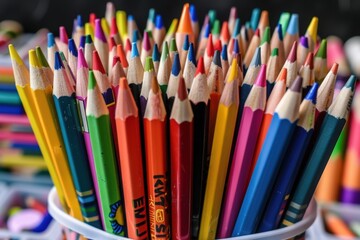 Fototapeta premium A close-up shot of a colorful array of sharpened pencils in a white container, ready for the beginning of the school year.