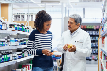 Pharmacist, woman or assistance in shop with medicine, shopping with professional help. Pharmacy,...