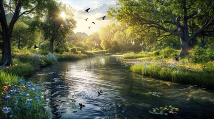 Obraz premium A peaceful river meandering through a sunlit glade, with birds singing and flowers blooming along the banks.