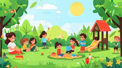 Naklejka premium Kindergarten, outdoor learning activities, flat design illustration