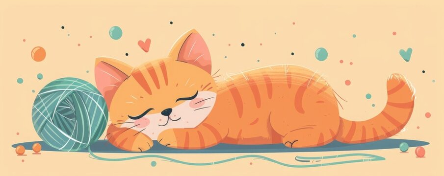 Adorable orange cat sleeping beside a ball of yarn. Cute cartoon illustration perfect for greeting cards, decor, and digital use.