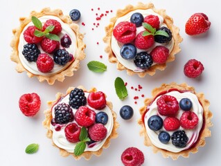 Four small pastries with blueberries and strawberries on top.