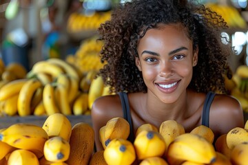 Obraz premium Smiling woman shopping for bananas