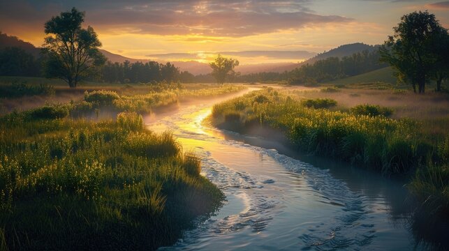 A peaceful river winding through a meadow at dawn, with mist rising from the water and the soft light of morning illuminating the scene.
