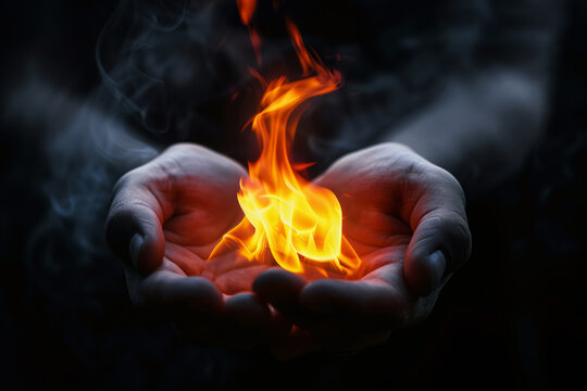 Close-up of hands holding fiery flames with glowing sparks against dark background