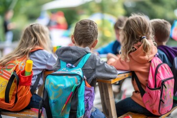 Fototapeta premium Children with backpacks gather around a table, ready for their first day of school in Northern Europe.