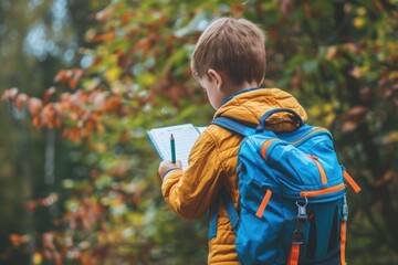 A student with a backpack, walks through an autumn forest while writing in a notebook.