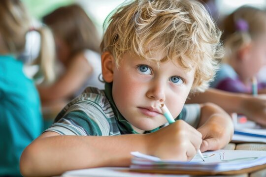 A young boy with blonde hair and blue eyes is intently focused on his work, writing in a notebook with a light blue pen.