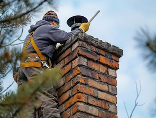 Professional Chimney Sweep Inspecting and Cleaning a Brick Chimney.