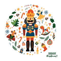 Nutcracker. Cute Christmas vector card. Interior poster.
