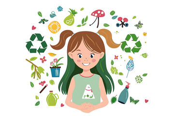 Girl icons with recycling and eco symbols, representing environmental awareness and sustainability, ideal for promoting green initiatives and eco-friendly practices.