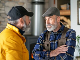 Fototapeta premium Two Mature Men Having a Serious Conversation in a Rustic Setting.