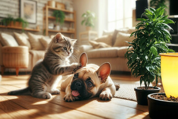 A playful cat is playing with a dog that is lying on the floor. In the living room, cute dogs and cats in the background.