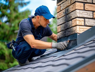 Construction Worker Installing Flashing Around Chimney on Roof.