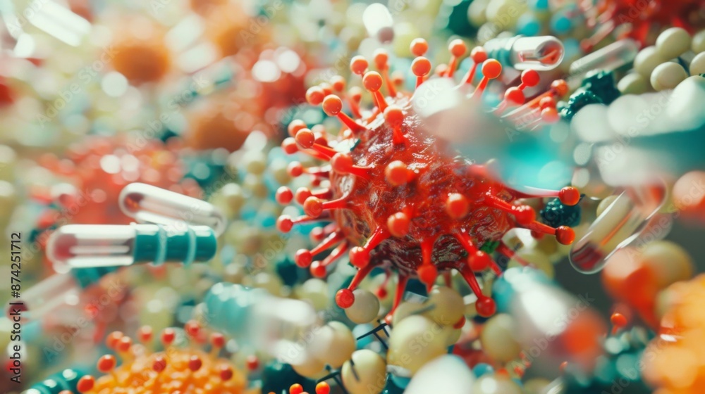 Poster a red virus particle with spikes is surrounded by a chaotic assortment of pills and capsules, repres