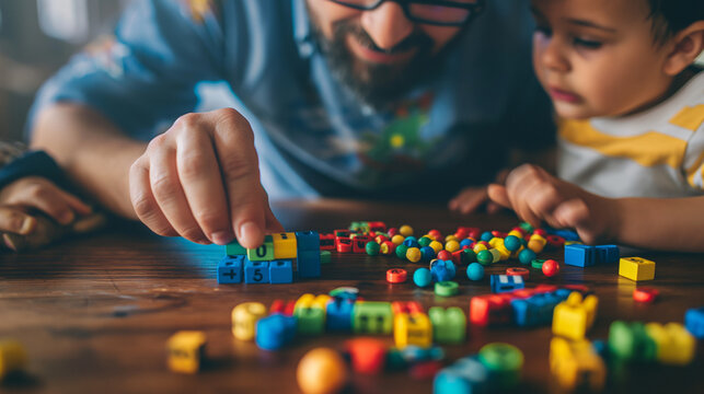 Parent and child playing educational math games, colorful numbers and interactive play, left third copy space
