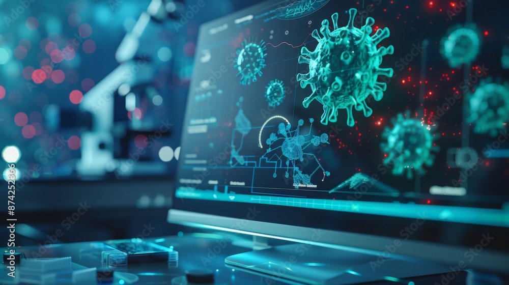 Poster A computer screen displays a model of a virus with other smaller representations in the background.