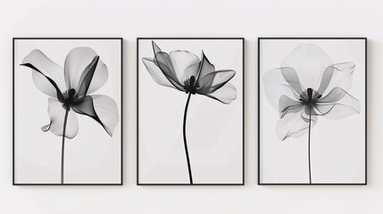 A trio of minimalist art posters with a seamless continuous line art flower, displayed on a white background for a refined and elegant look